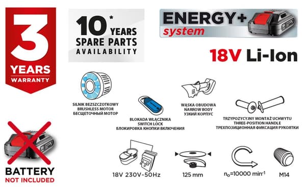 Børsteløs trådløs vinkelsliber Energy+ 18V, Li-Ion, 125 mm skive, uden batteri