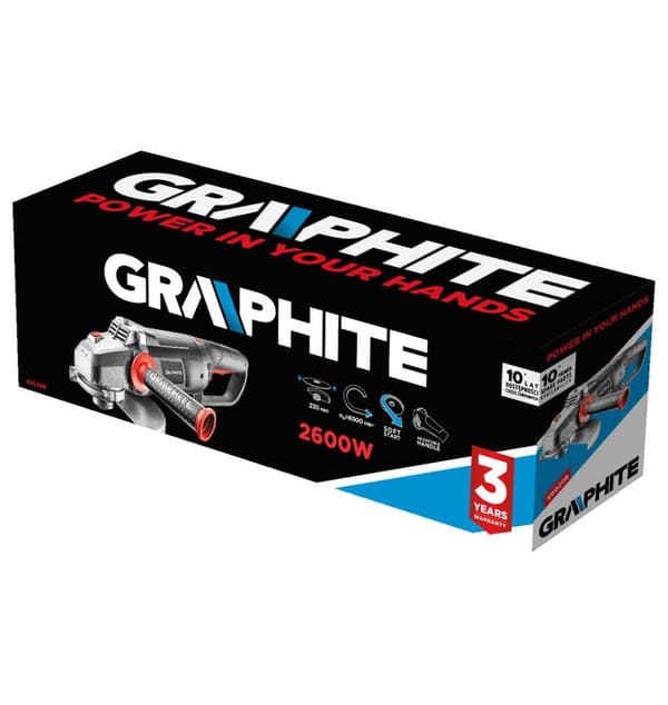 2600W vinkelsliber, skive 230 x 22,2 mm, hastighed 6500 min⁻¹