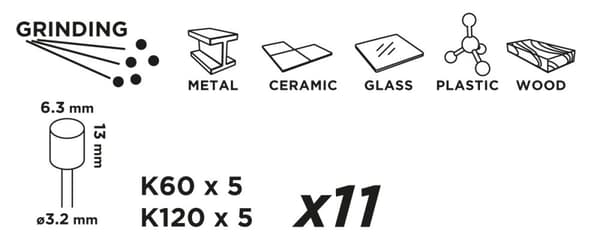 Slibebånd 6,3 mm, K60, K120, sæt 10 stk + 3,2 mm skaft
