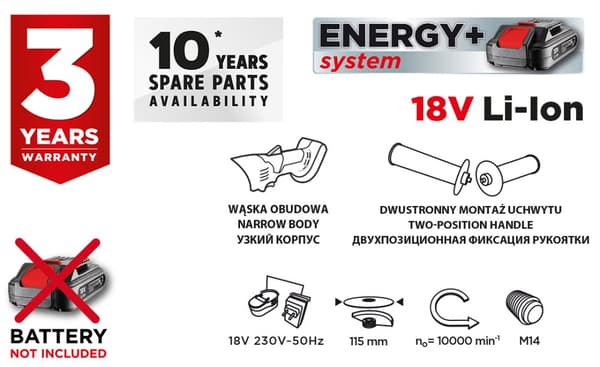 Energy+ 18V ledningsfri vinkelsliber, Li-Ion, 115 x 22,2 mm skive, uden batteri