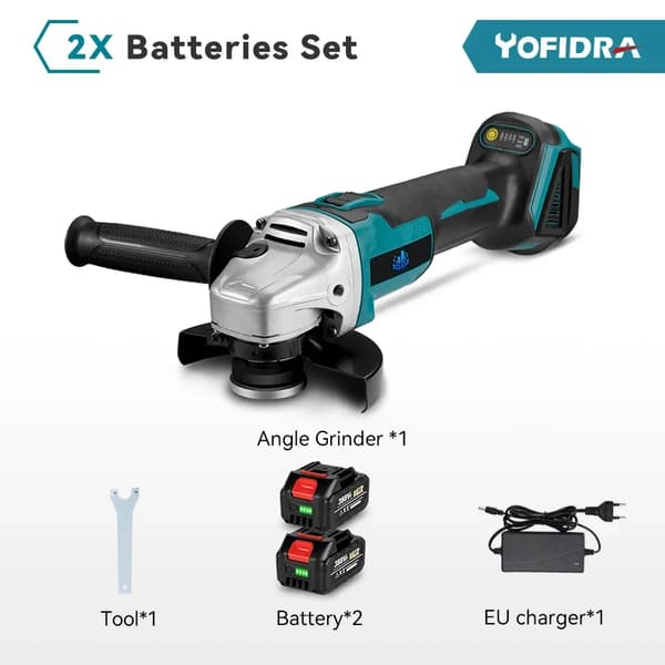 Børsteløs elektrisk vinkelsliber, 125 mm skivediameter, 3000 W motor,2 batteri EU-stik