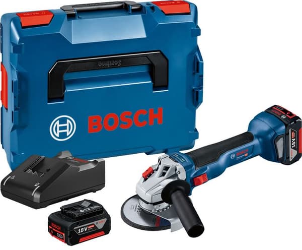 Bosch Professional GWS 18V-10 -kulmahiomakone + 2 x 4,0 Ah akkua + GAL 18V-40 laturi + L-BOXX - 06019J4007