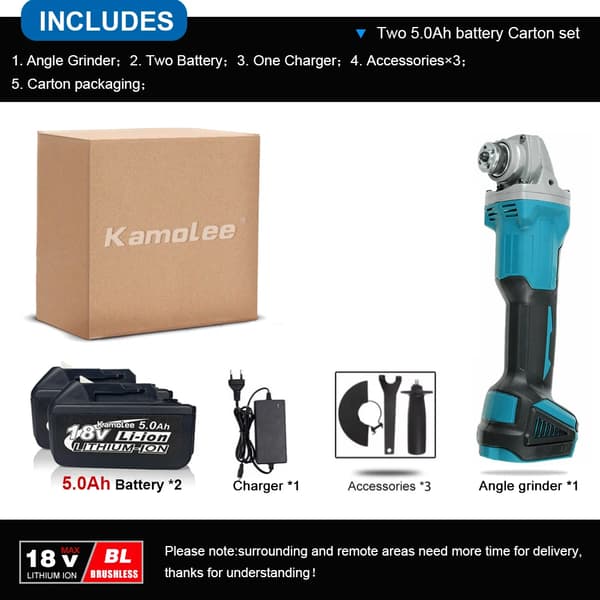 Langaton kulmahiomakone, 18V 1800W teho, 18500 RPM, harjaton moottori,Kaksi pariston pahvilaatikkoa, 125 mm EU