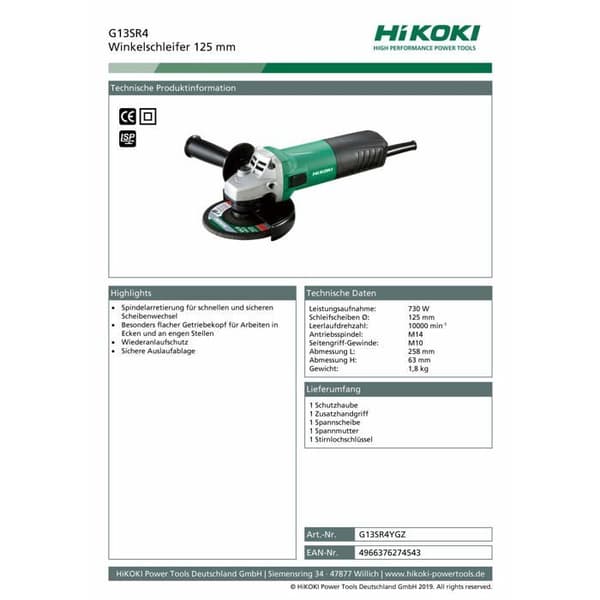 Hitachi - Grinder Ø125mm 730W mjukstart + anti-omstart - G13SR4YGZ