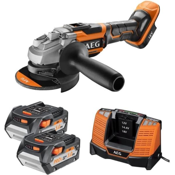 AEG - 125 mm 18V BORSTLÖS kvarn, 11000 rpm - 2 Pro litium 5,0 Ah HD-batterier, laddare, i fodral - BEWS18-125BL LI-502C