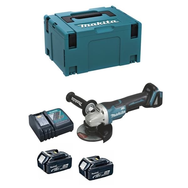 18V 125mm kvarn + 2 5Ah batterier + snabbladdare + MAKPAC box - MAKITA - DGA508RTJ