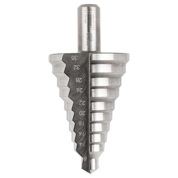 HSS trappstegsförsänkning med primerspets - wolfcraft - Diameter 8-35 mm, skaft 10 mm, användbar längd 52,5 mm - 2585000