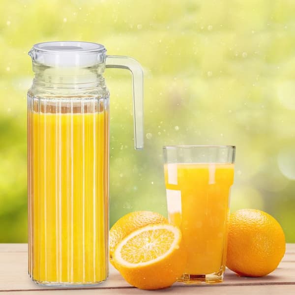Relaxdays karaff med lock, 1 liters kanna, glaskanna, juice, iste, med handtag, filter, klar