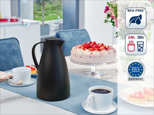 Isolerad kanna 1L Leifheit Harmonic 28541, termoskanna för kaffe &amp; te 100% vattentät och utan BPA, 24 timmar värmebehållning, svart
