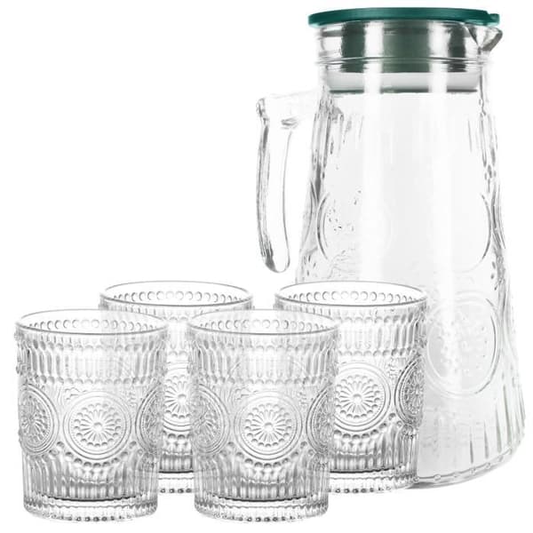 Karaf- och glas-set Cheffinger - Vintage Texturerad Stil - Liljemönster - Transparent