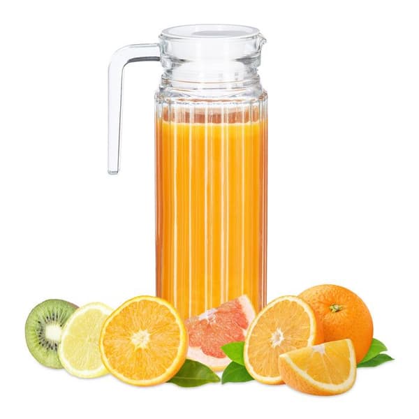 Relaxdays karaff med lock, 1 liters kanna, glaskanna, juice, iste, med handtag, filter, klar