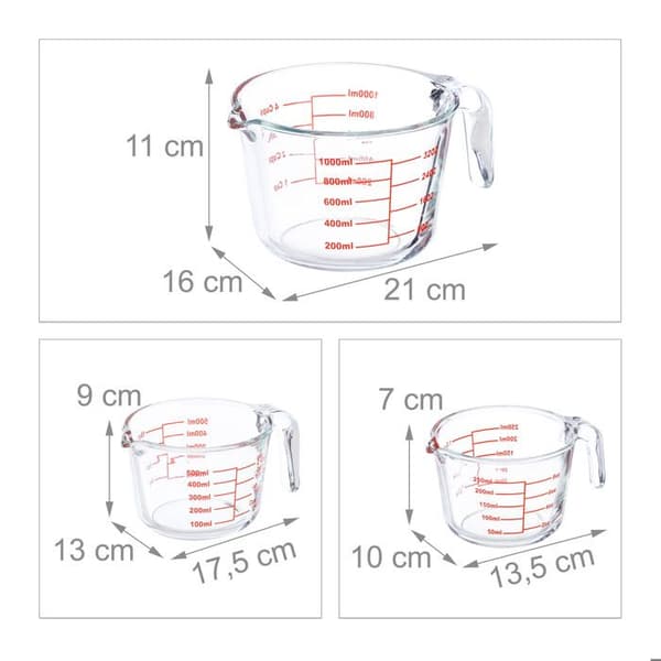 Relaxdays Set med 3 mätglas, måttkanna 250 ml, 500 ml, 1 L, värme- och mikrovågssäker, transparent