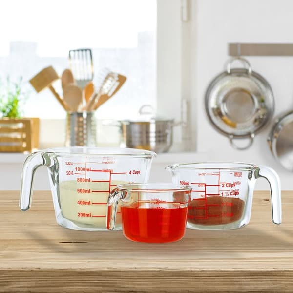Relaxdays Set med 3 mätglas, måttkanna 250 ml, 500 ml, 1 L, värme- och mikrovågssäker, transparent