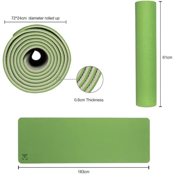 Yogamatta Sportmatta Fitnessmatta med rem 183 x 61 x 0,6 cm Grågrön