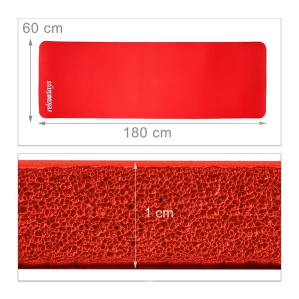 Relaxdays Yogamatta 1 cm tjock mjuk gummi transportrem Pilates aerobics HxlxB: 1 x 61,5 x 182 cm, röd