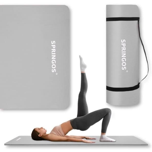 Yogamatta - SPRINGOS - 183 x 61 cm - Tjock 15 mm - Bärrem - Grå