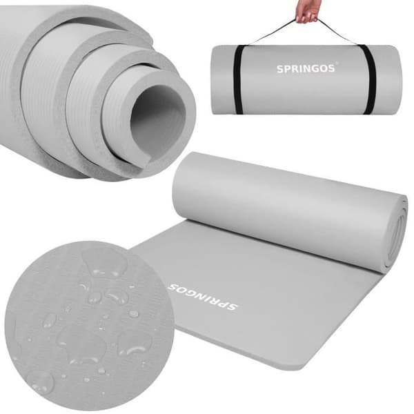 Yogamatta - SPRINGOS - 183 x 61 cm - Tjock 15 mm - Bärrem - Grå
