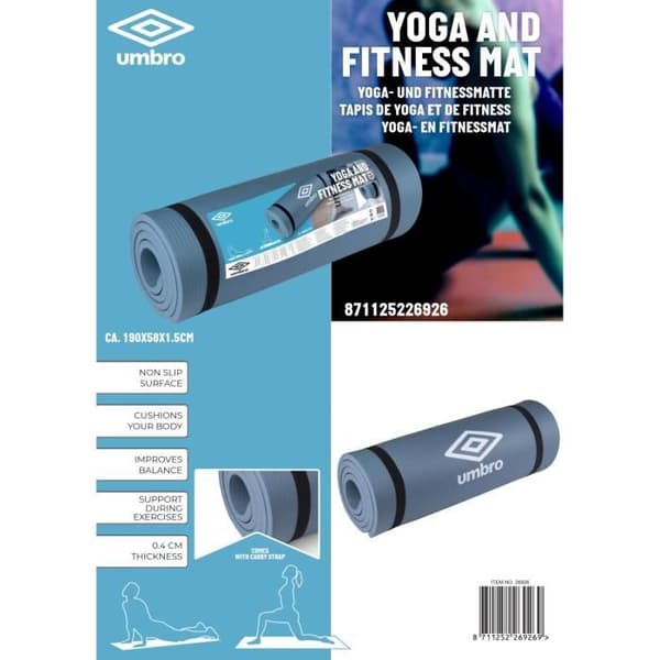UMBRO yoga- och fitnessmatta - Grå - 190x58x1,5cm - Halkfri och dämpad