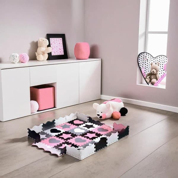 MD03 BØRNEMÅTTE PUSSEL LØGEPAND PINK HJERTER 36 STK 140x140CM NILS SJOV