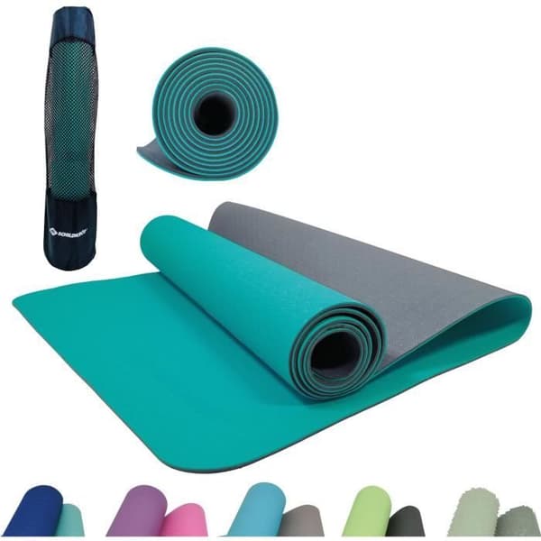 Yogamåtte - FITNESS - SCHILDKRÖT - 183 x 61 cm - 4 mm - Pose inkluderet - Blå / Grå