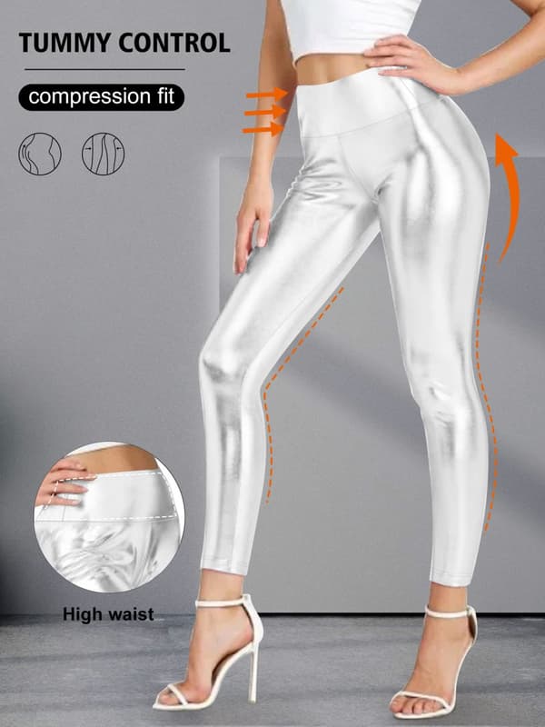 INF Silverfärgade leggings med hög midja i konstläder
