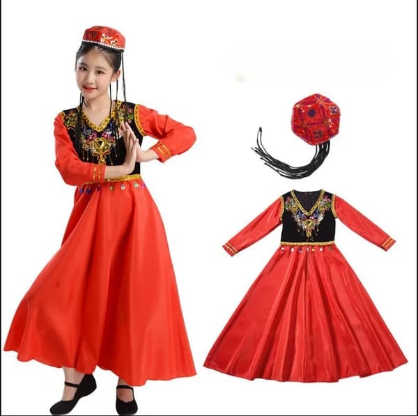 Xinjiangin tanssipuku, perinteinen muotoilu, mukava istuvuus,150 cm, Punainen mekko