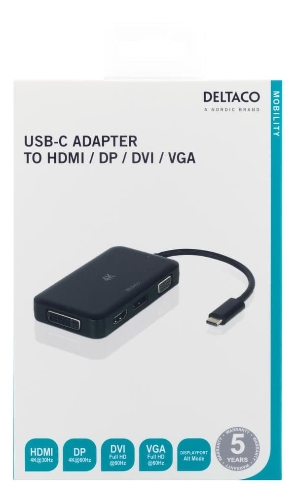 USB-C to HDMI/DP/DVI/VGA adapter, 4K, DP Alt Mode, black