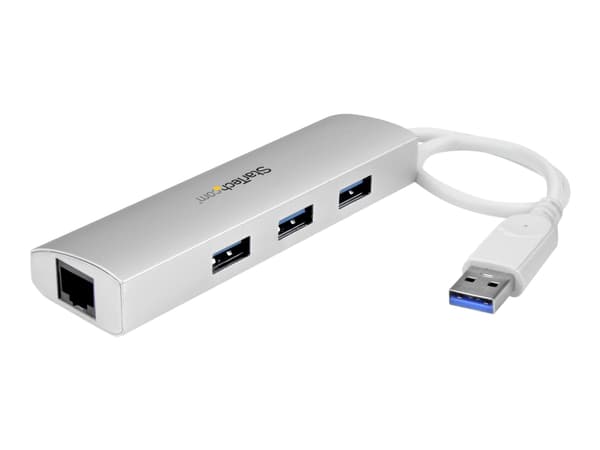 StarTech.com USB 3.0-hub med 3 portar och Gigabit Ethernet - upp till 5 Gbps - Bärbar USB-portförlängare med inbyggd kabel (ST3300G3UA) - Hub - 3 x S Silver, Vit