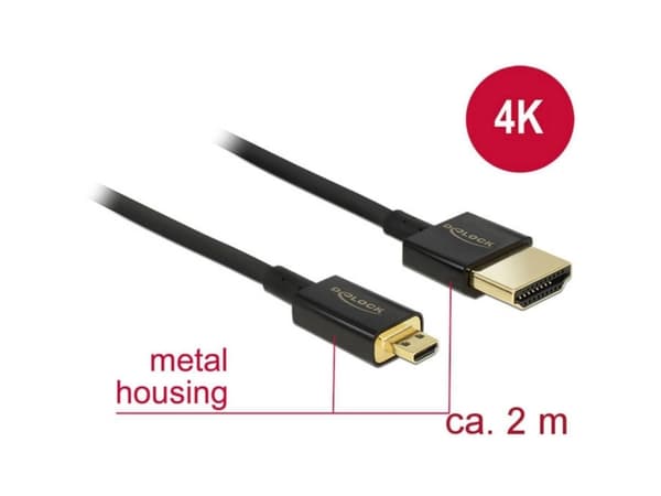 DeLOCK HDMI-A/HDMI Micro-D, 2 m, 2 m, HDMI-tyyppi A (vakio), HDMI-tyyppi D (mikro), 3840 x 2160 pikseliä, 3D, Musta