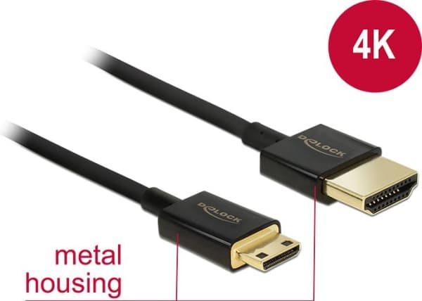 Delock Slim Premium - HDMI-kabel med Ethernet - 19 pin mini HDMI Type C hann til HDMI hann - 2 m - trippel beskyttelse - svart