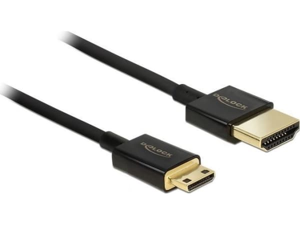Delock Slim Premium - HDMI-kabel med Ethernet - 19 pin mini HDMI Type C hann til HDMI hann - 2 m - trippel beskyttelse - svart