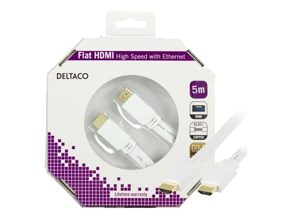 DELTACO HDMI-1050H - HDMI-kabel med Ethernet - HDMI hann til HDMI hann - 5 m - hvit - flat