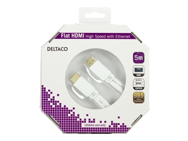 DELTACO HDMI-1050H - HDMI-kabel med Ethernet - HDMI hann til HDMI hann - 5 m - hvit - flat