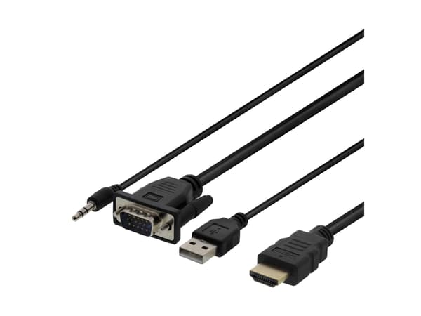 DELTACO - HDMI-kabel - HDMI hann til USB, HD-15 (VGA), minijakk hann - 1 m - svart - 1080p-støtte, tommelskruer