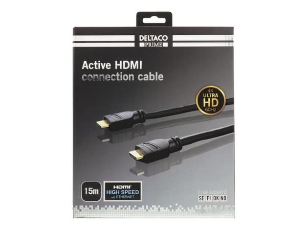 DELTACO Prime HDMI-3150 - HDMI-kabel med Ethernet - HDMI hane till HDMI hane - 15 m - svart - stöd för 4K, aktiv