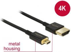 Delock Slim Premium - HDMI-kabel med Ethernet - 19 pin micro HDMI Type D hann til HDMI hann - 1 m - trippel beskyttelse - svart - 4K-støtte