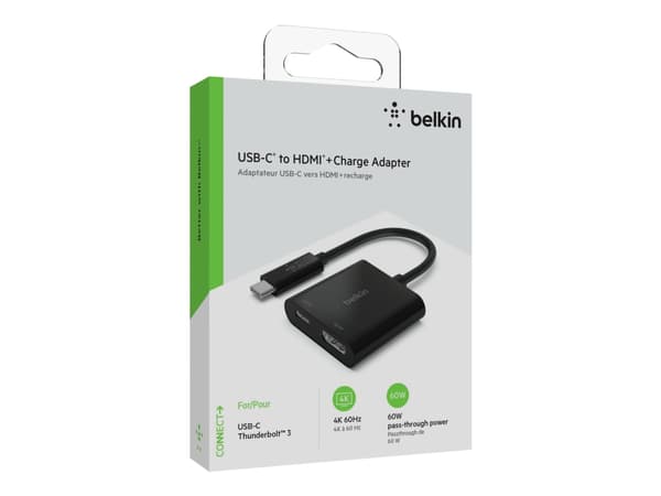 Belkin USB-C to HDMI + Charge Adapter - Videokort - 24 pin USB-C hane till HDMI, USB-C (enbart ström) hona - svart - stöd för 4K, USB Power Delivery