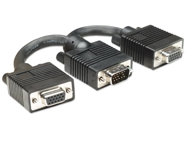Manhattan VGA Y-kabel VGA 15-stiftskontakt, VGA 15-stiftsuttag, VGA 15-stiftsuttag 0,15 m Svart 304559 skruvbar VGA-kabel