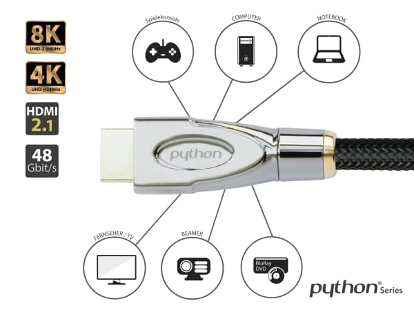 Kabel PYTHON Python HDMI« 2.1 Kabel 8K UHD-2 Nylongeflecht schwarz 1m