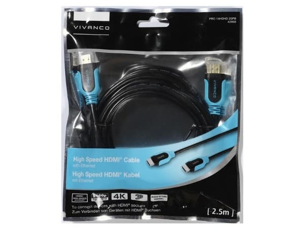 Vivanco 42956, 2,5 m, HDMI-tyyppi A (vakio), HDMI-tyyppi A (vakio), 4096 x 2160 pikseliä, 3D, Musta, Sininen