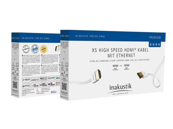 in-akustik Premium XS - HDMI-kabel med Ethernet - HDMI hann til HDMI hann - 3 m - trippel beskyttelse - hvit - 4K-støtte, aktiv