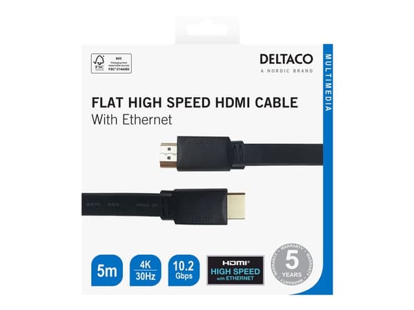 DELTACO - Hög hastighet - HDMI-kabel med Ethernet - HDMI hane till HDMI hane - 5 m - svart - platt, 4K30 Hz (3840 x 2160) stöd