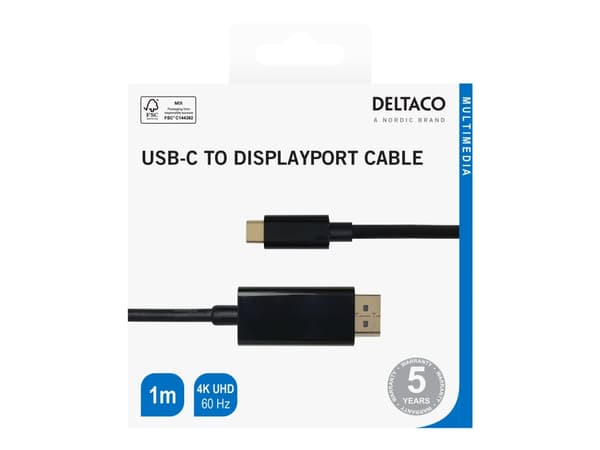 DELTACO - Adapterkabel - 24 pin USB-C (hann) til DisplayPort (hann) - DisplayPort 1.2 - 1 m - 4 K 60 Hz (4096 x 2160) støtte - svart