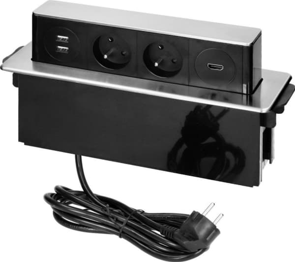 Orno Møbeluttak uttrekkbar fra bordplaten med flatfrest kant, USB-lader og 2m kabel, 2x2P+Z, 2x USB (Type A), HDMI, 3x1,5mm2, svart og sølv, INOX