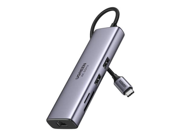 Ugreen 7-i-1 multifunksjonell HUB USB Type C - 2x USB 3.2 Gen 1 / HDMI 4K 60Hz / SD- og TF-kortleser / USB Type C PD 100W / RJ45 1000Mbps (1Gbps) grå