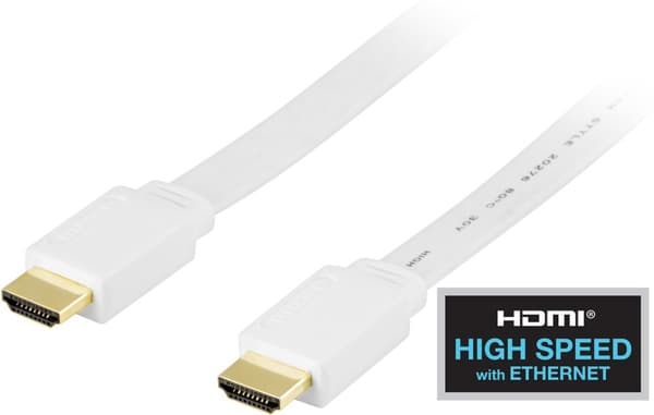 DELTACO HDMI-kabel, v1.4+Ethernet, 19-pin ha-ha, 1080p, flat, vit, 2m