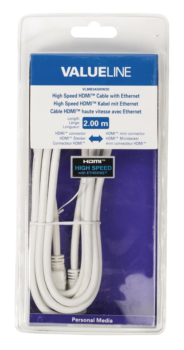 Valueline High Speed Hdmi Kabel Med Ethernet HDMI-Stik - HDMI Mini Male 2.00 m Hvid