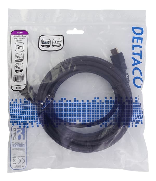 DELTACO fleksibel HDMI-kabel, 4K UltraHD i 30 Hz, 5 m, svart