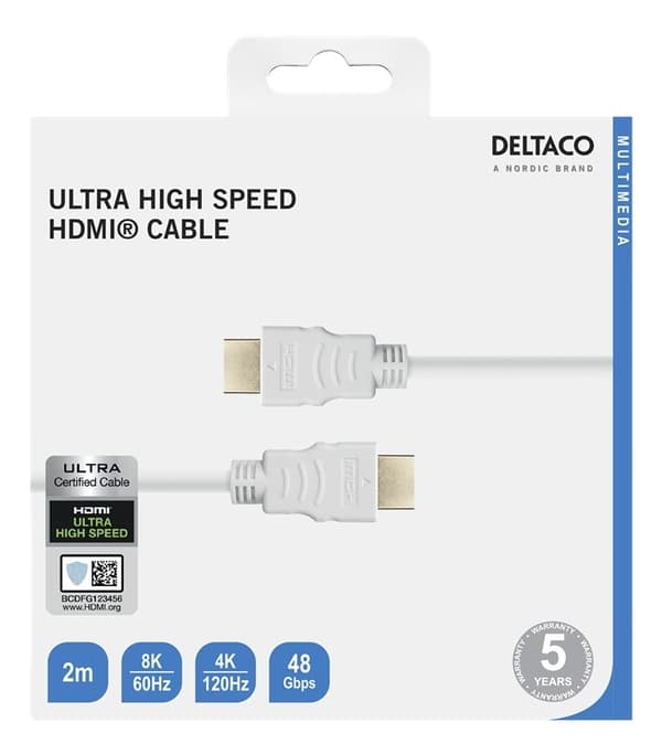 DELTACO ULTRA High Speed HDMI-kabel, 48 Gbps, 2 m, hvid