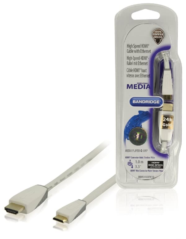 Bandridge High Speed HDMI-Kabel med Ethernet HDMI Kontakt - HDMI Mini Han 1.00 m Hvit